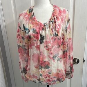 Floral Pink & Cream Blouse 100% Silk Lined Long Sleeve Round Neckline Size S